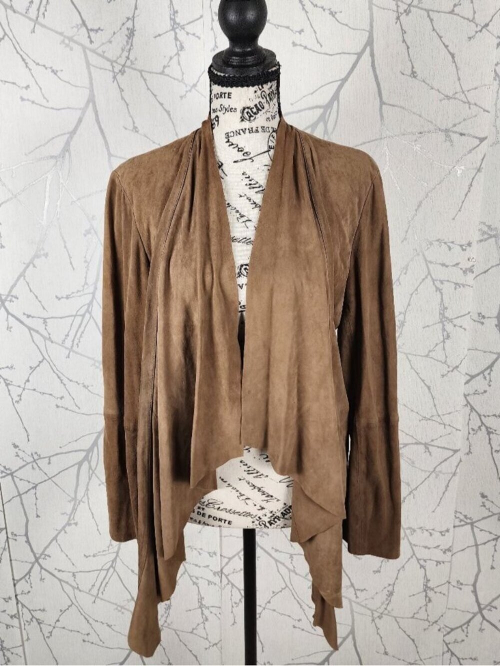 Melanie Lyne Tan Camel Genuine Suede Drape Open Cardigan